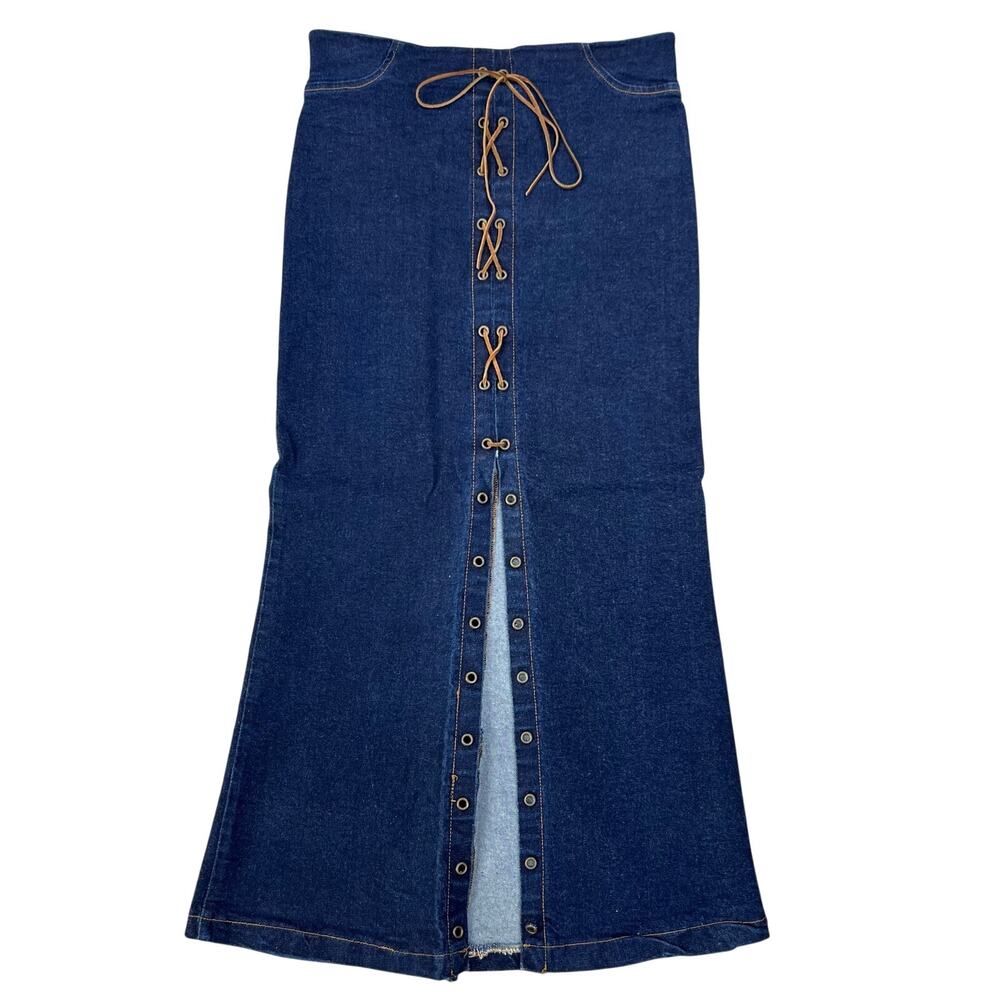 Vintage Watch L.A. Leather Lace Up Front Slit Denim Western Style Midi Skirt (M)